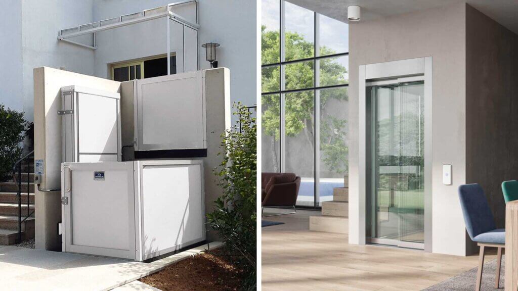 Un elevatore a vano aperto a sinistra e un elevatore a vano chiuso a destra