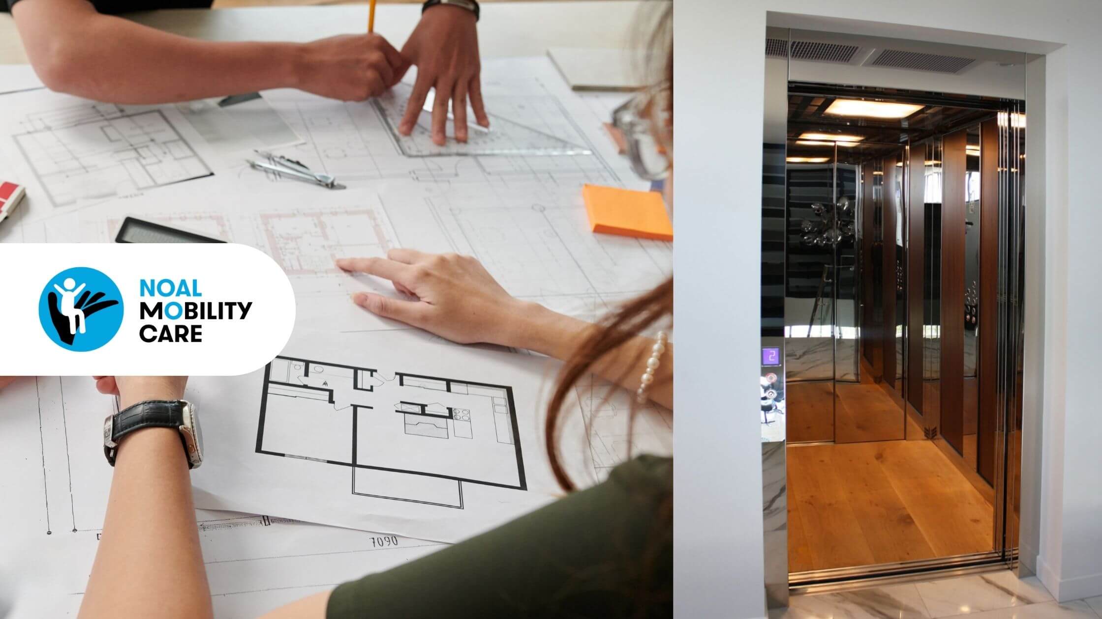 Planimetria con progetto di mini ascensore domestico e foto reale di miniascensore installato in ambiente interno