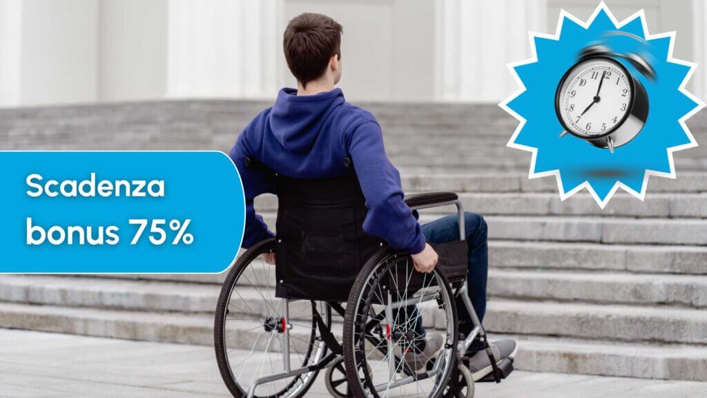 Ragazzo in sedia a rotelle davanti a una scalinata. Scadenza bonus 75% barriere architettoniche
