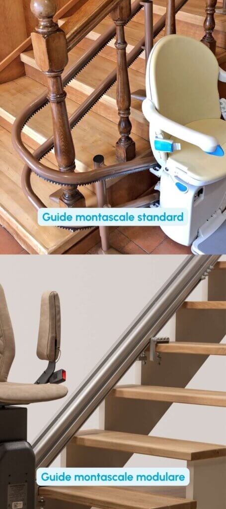 Confronto tra guide per montascale modulare e standard, esempi di installazione su scale interne con poltroncina motorizzata.