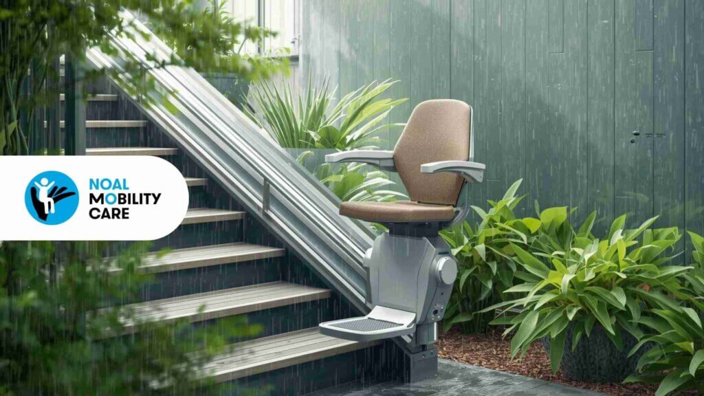 Montascale per esterni resistente all’umidità installato su scala con giardino.