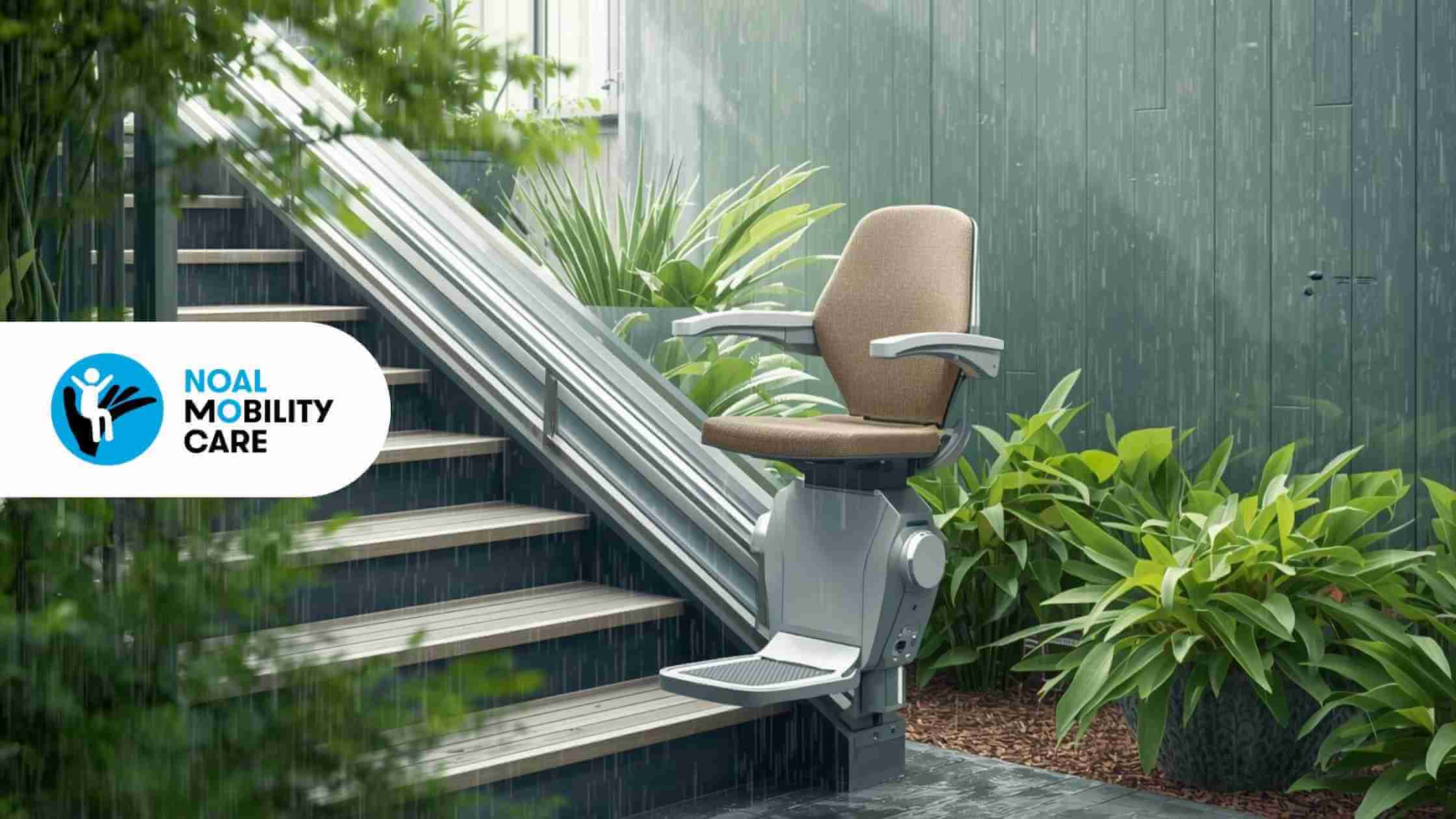 Montascale per esterni resistente all’umidità installato su scala con giardino.