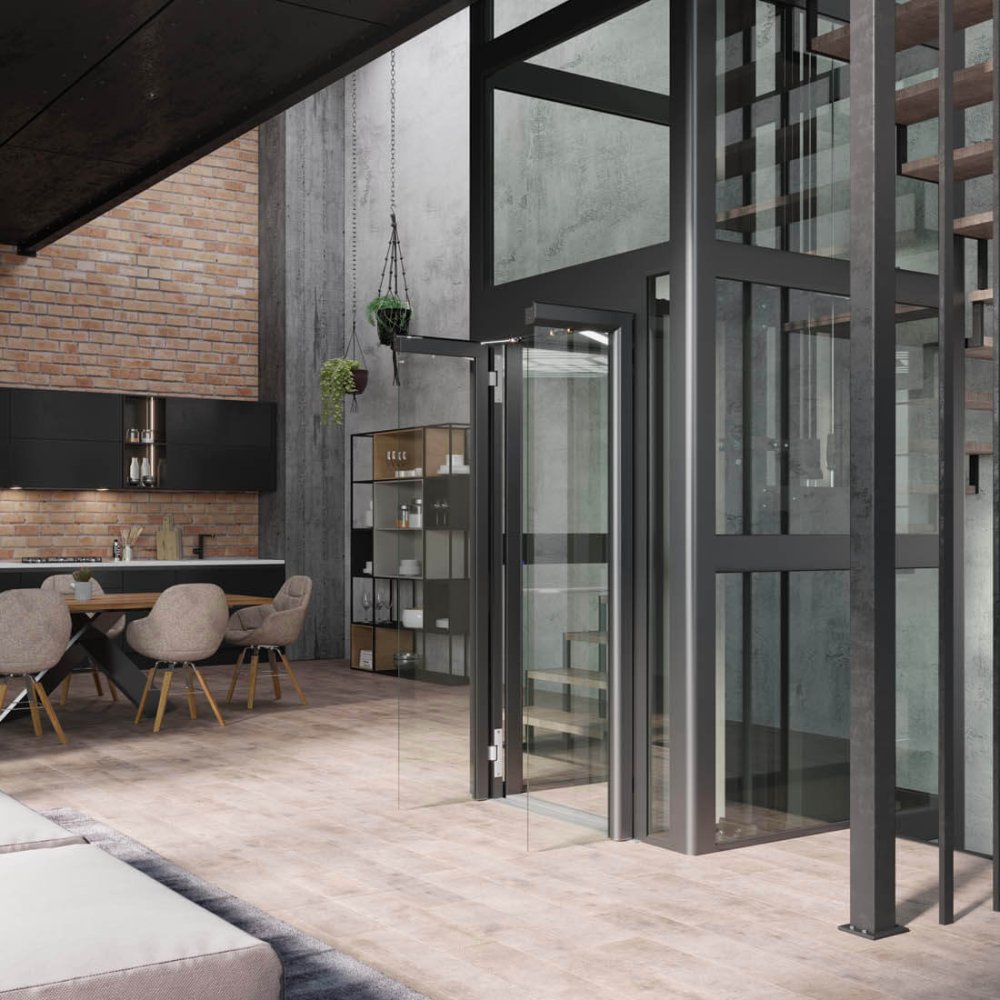 Miniascensore elettrico con vano in castelletto e vetro